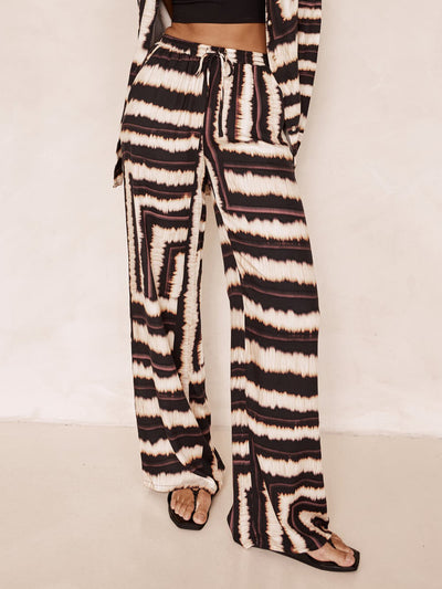 Signature Strip Textured Chocolate Print Baggy Pants-Set