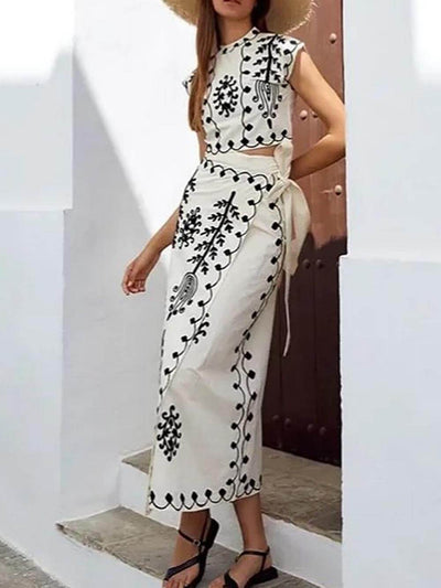 Ethnic Print Crop Top & Tire-up Wrap Midi Skirts Set