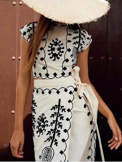 Ethnic Print Crop Top & Tire-up Wrap Midi Skirts Set