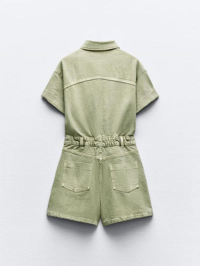 Mini Denim Cuffed-Romper-Green