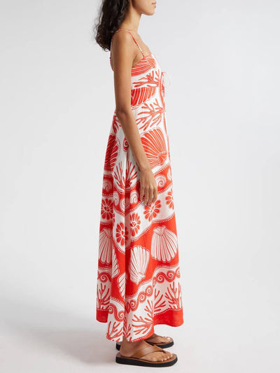 Shell Unique Print Front Lace-Up Loose Maxi Dress