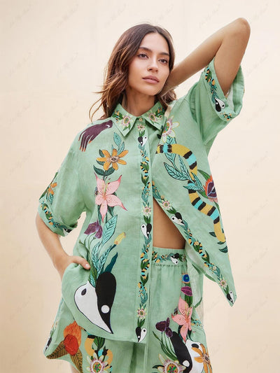 Unique Ethnic Print Loose Shirt And Shorts Set