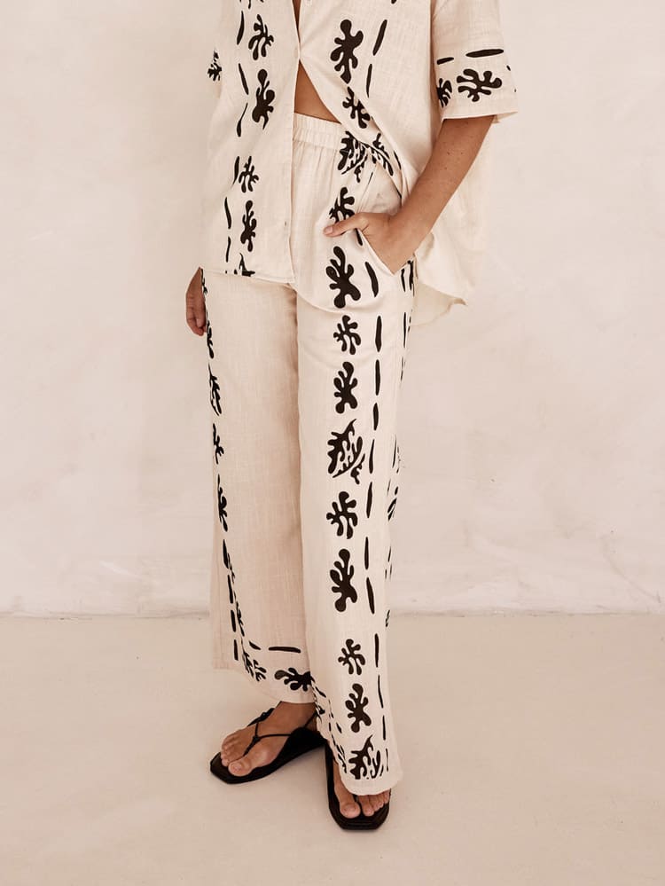 Black Printed Cream Wide Leg Pants-Set