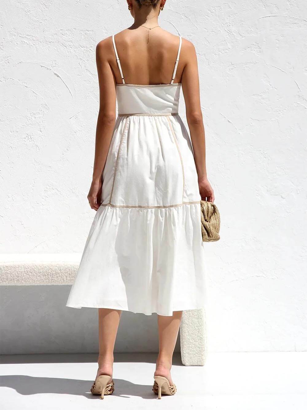 Contrast Color Trim Adjustable Straps Midi Dress