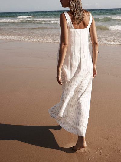 White With Charcoal Pinstripe Maxi Dress