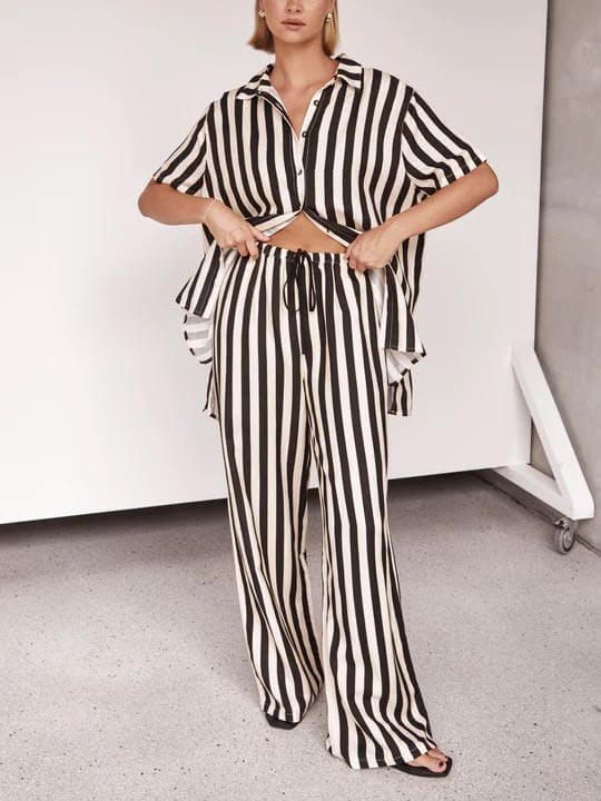 Resort Casual Striped Loose Wide Leg Pants-Set