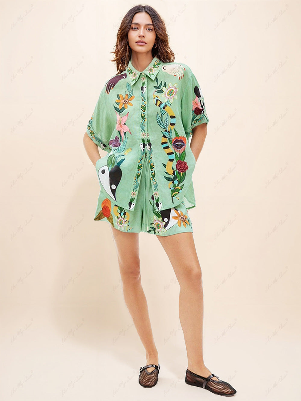 Unique Ethnic Print Loose Shirt And Shorts Set