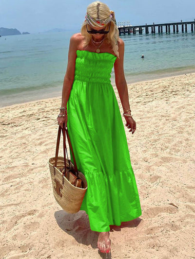 Smocked Bust Off Shoulder Vacation Maxi Dress