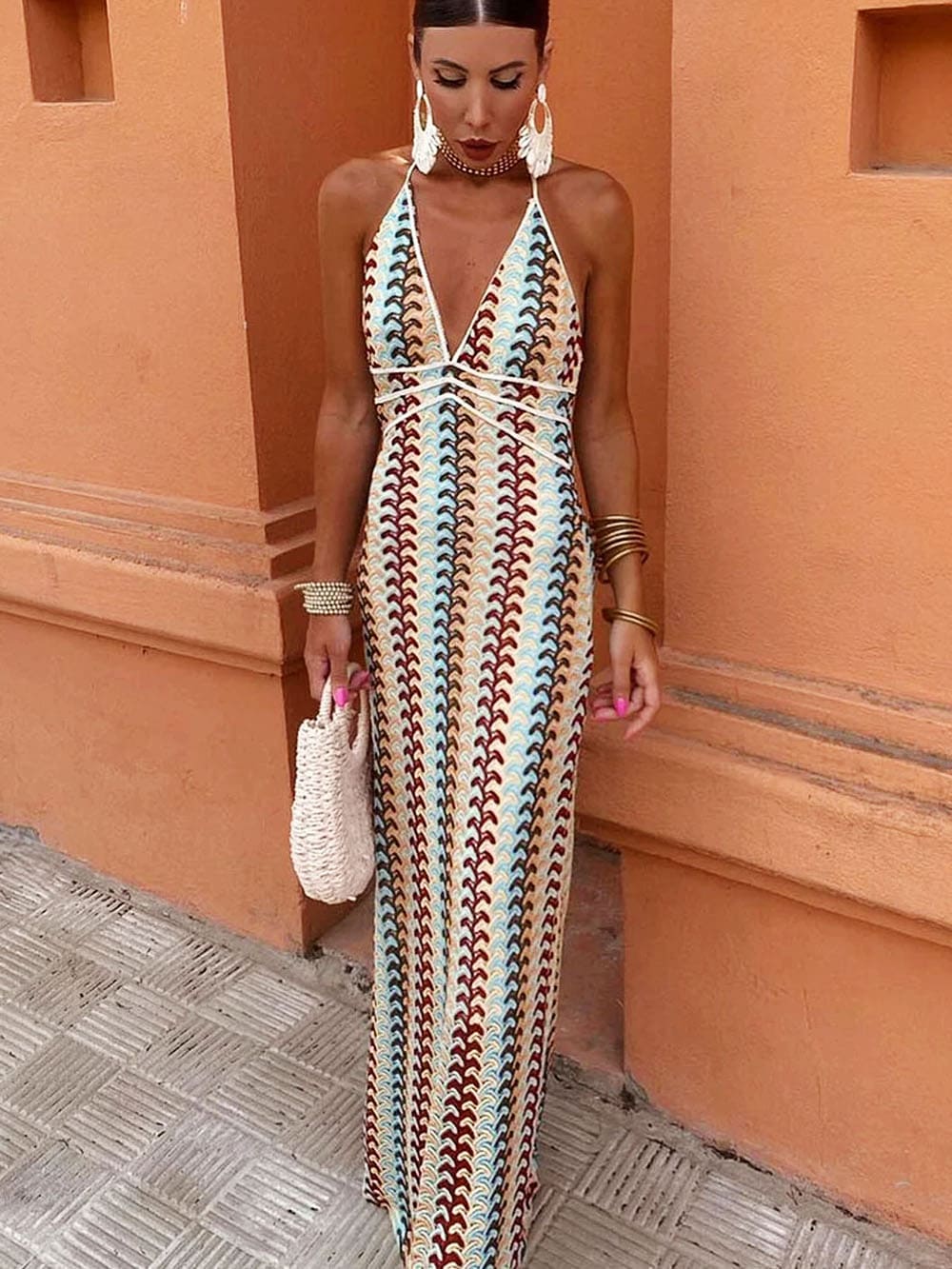 Halter V Neck Backless Boho Pattern Knit Slim-Fit Vacation Maxi Dresses-Beige