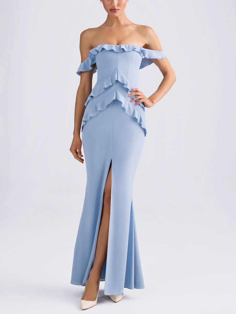 Off-Shoulder Ruffle-Trim Gown in Light Blue