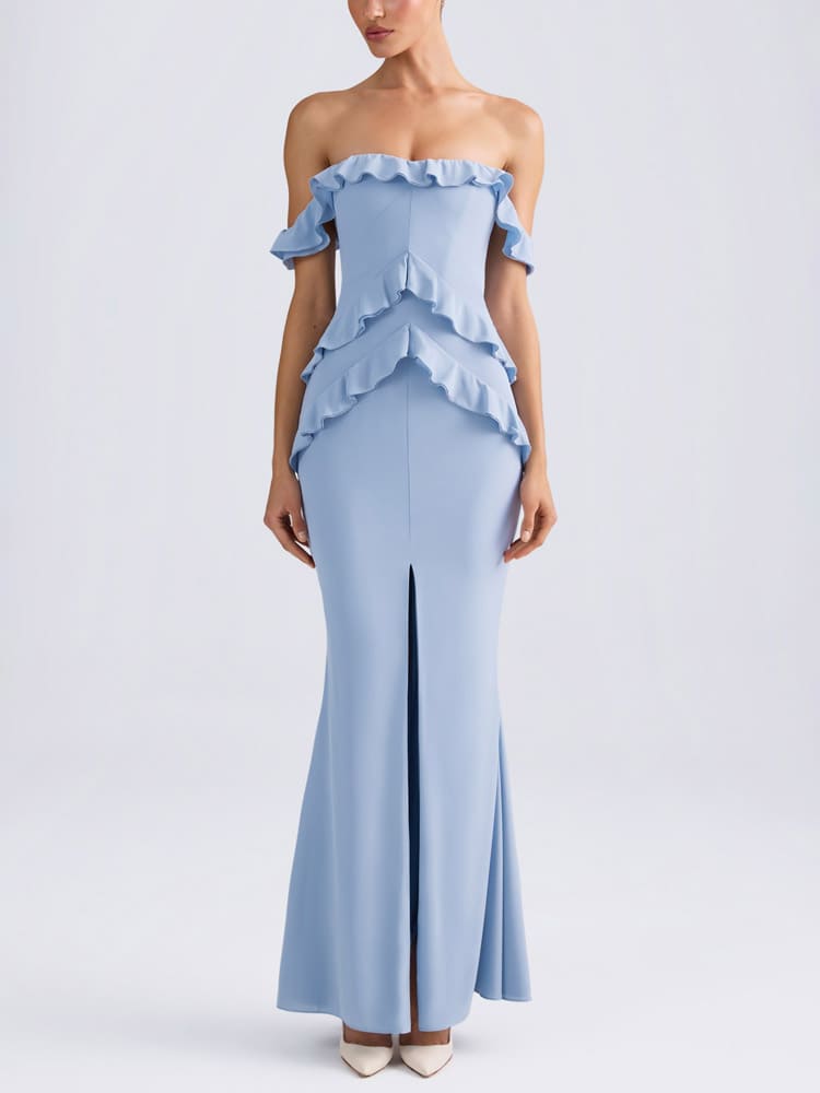 Off-Shoulder Ruffle-Trim Gown in Light Blue