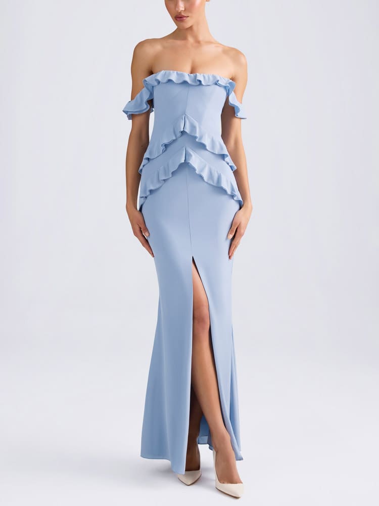 Off-Shoulder Ruffle-Trim Gown in Light Blue