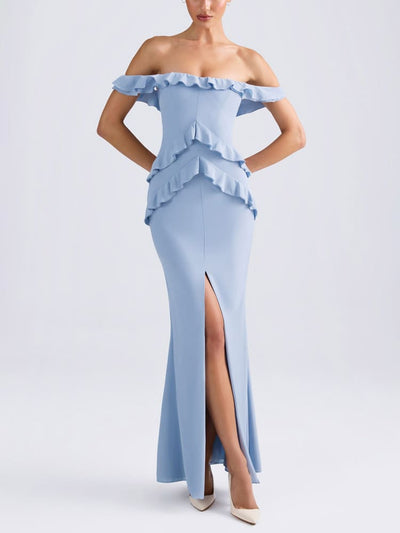 Off-Shoulder Ruffle-Trim Gown in Light Blue