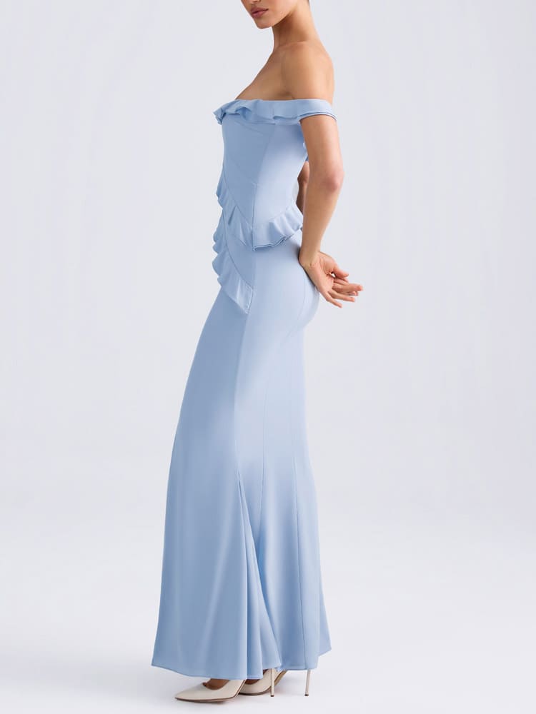 Off-Shoulder Ruffle-Trim Gown in Light Blue