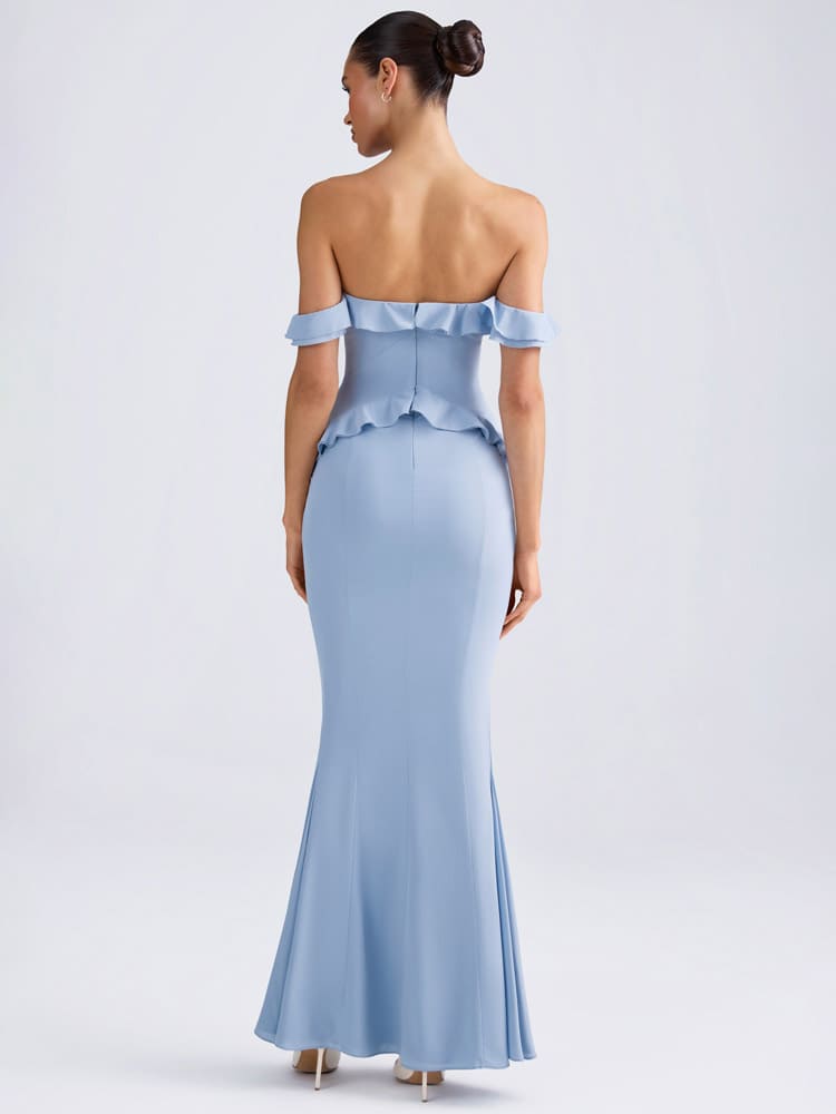 Off-Shoulder Ruffle-Trim Gown in Light Blue