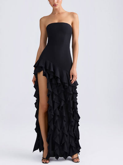 Ruffle-Trim Strapless Gown in Black