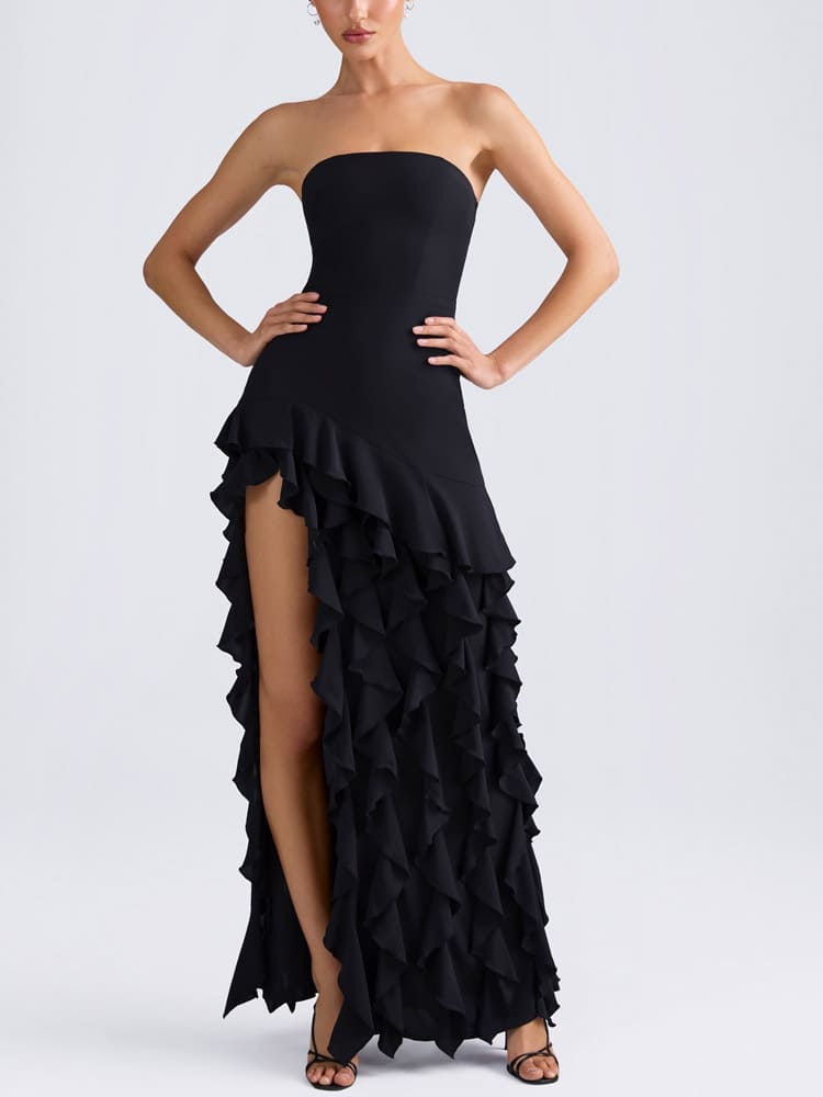 Ruffle-Trim Strapless Gown in Black