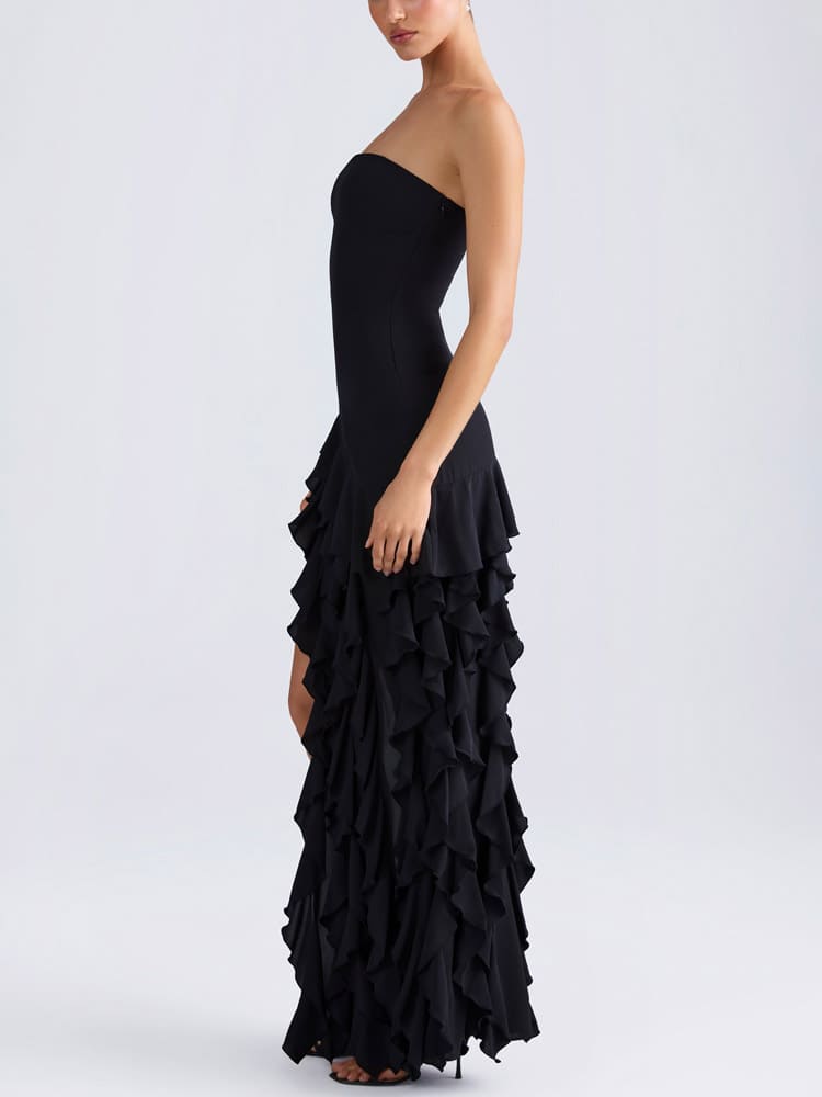 Ruffle-Trim Strapless Gown in Black