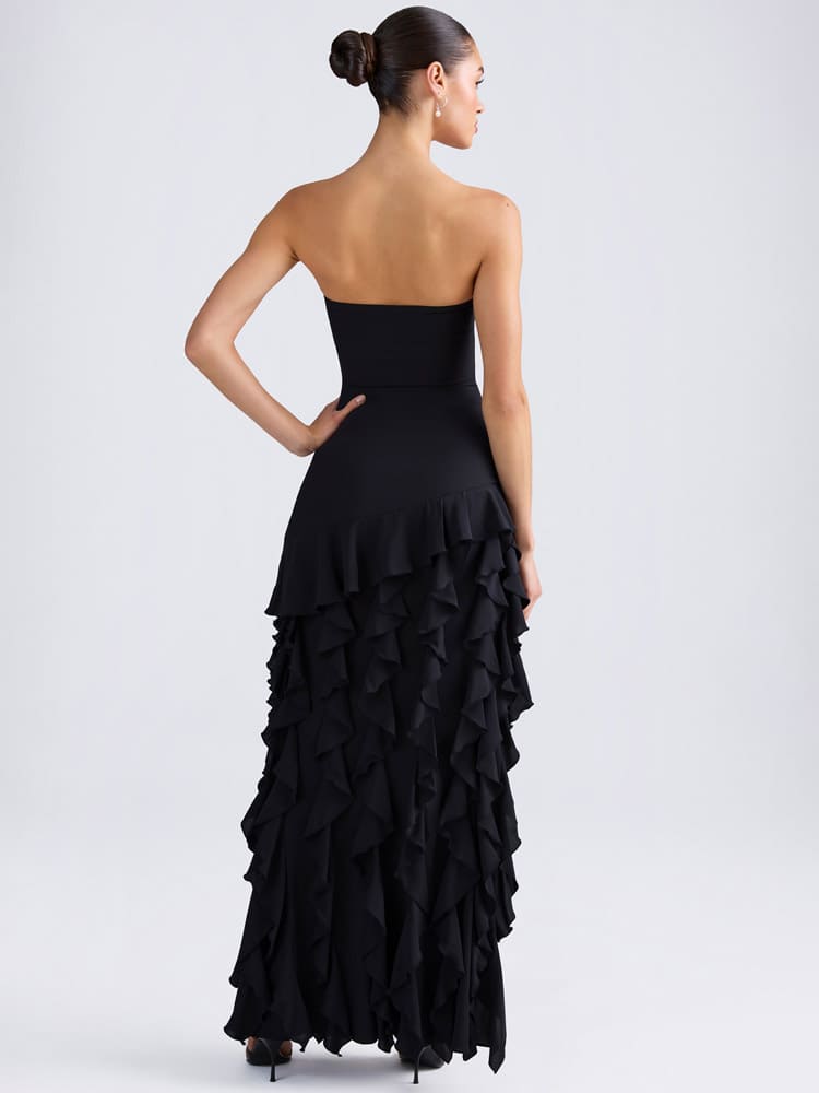 Ruffle-Trim Strapless Gown in Black