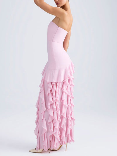 Ruffle-Trim Strapless Gown in Pink