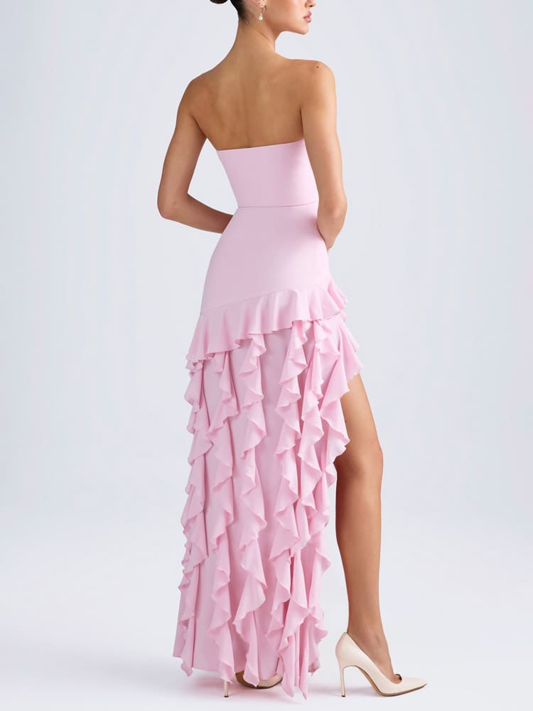 Ruffle-Trim Strapless Gown in Pink