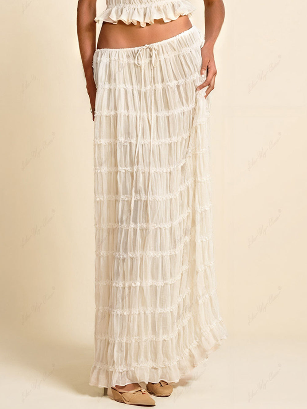 Charm Pleated Drawstring Waist Tiered Maxi Skirt