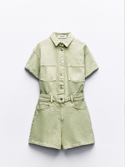 Mini Denim Cuffed-Romper-Green