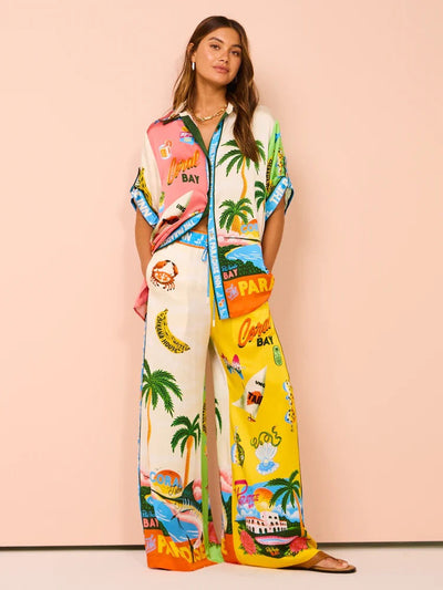 Vacation Leisure Loose Print Wide Leg Pants-Set