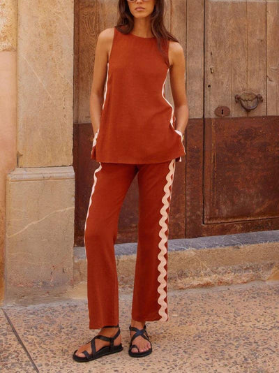 Sleeveless Loose Slit Top And Wide-Leg Pants Set