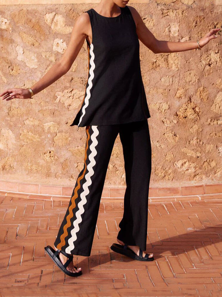 Sleeveless Loose Slit Top And Wide-Leg Pants Set