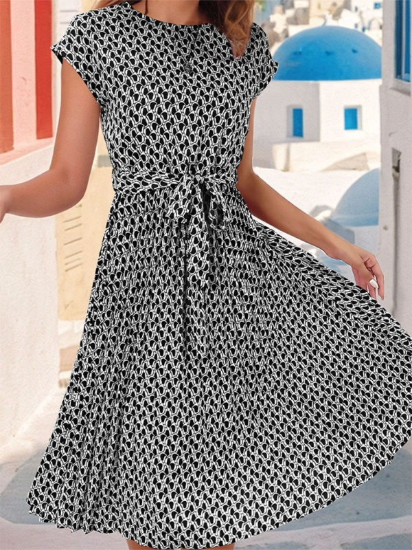 Women's Short Sleeve Patterned Midi Dress with Waist Tie