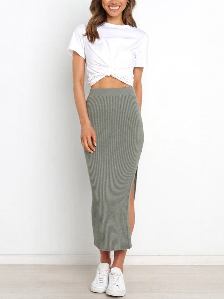 Green Ribbed Knit Midi Skirts