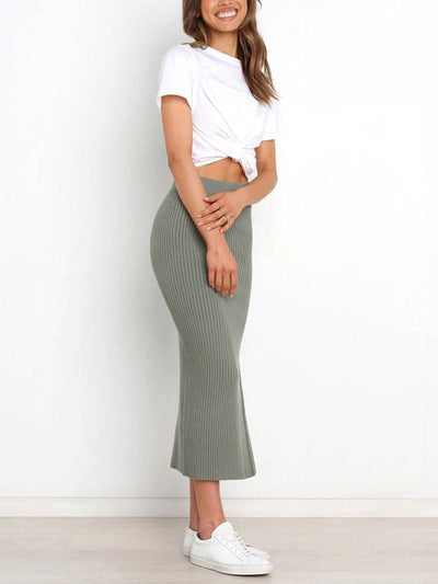 Green Ribbed Knit Midi Skirts