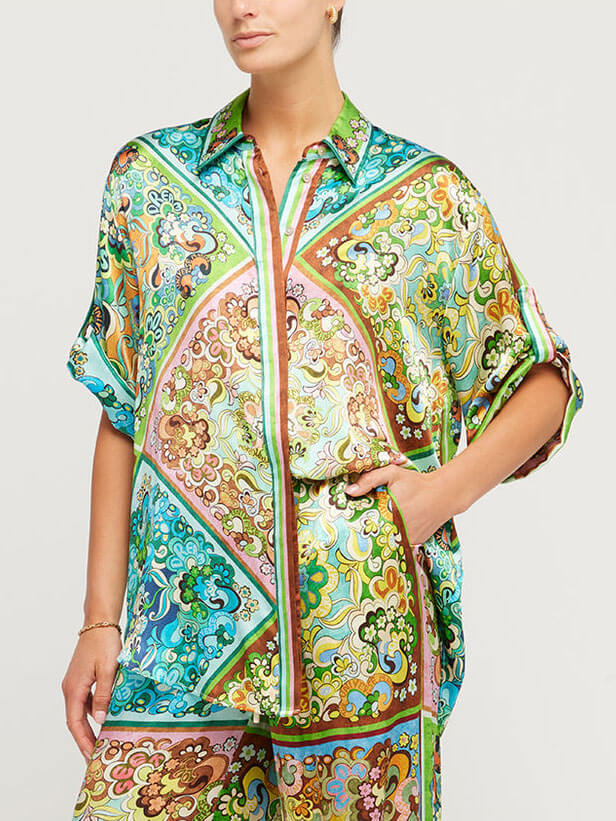 Special Satin Print Button-Down Two-Pieces Set